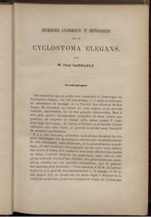 Recherches Anatomiques Et Histologiques Sur Le Cyclostoma Elegans.