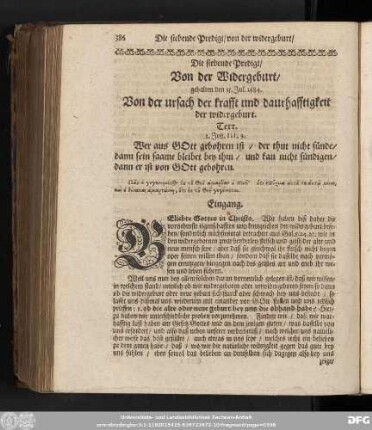 Die siebende Predigt/ Von der Widergeburt/ gehalten den 15. Jul. 1684. Von der ursach der krafft und daurhafftigkeit der widergeburt.