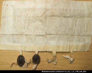 Testament des Ocko tom Brok = OUB I, Nr. 443, S. 402 Anhängende Siegel 1 bis 3 beschädigt erhalten, 4 verloren