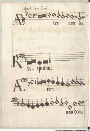 Requiems, V (5), Excerpts - BSB Mus.ms. 67 : [cover title, brown ink:] Requiem â V. voc: // Auctore // Ioanne Casparo Kerll // Serenissimi Ferdinandi Mariae // Ducis et Electoris Bavariae: // Capellae Magistro. // 1.6.69.