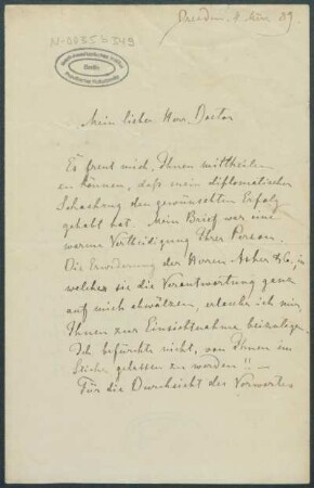 04. März 1889, Dresden [Brief von Alphons Stübel an Max Uhle]