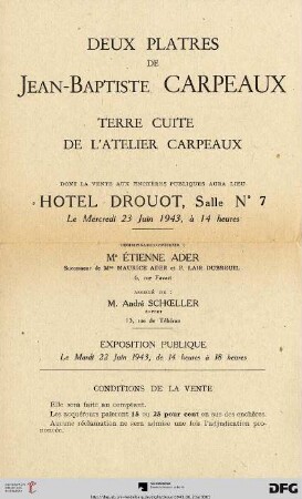 Catalogue des dessins, aquarelles, gouaches, pastels : par: Adan, Appian ... Valadon ; tableaux modernes par: Allègre, Bastien-Lepage ... Zwiller ; 12 œuvres d'Eugène Devéria, sculpture par Rodin ; dont la vente aux enchères publiques aura lieu Hotel Drouot, le mercredi 23 juin 1943