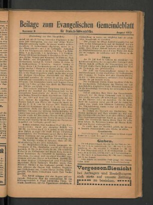 Beilage zum Evangelischen Gemeindeblatt für Deutsch-Südwestafrika. Nummer 8. August 1913