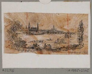 Stadtansicht von Dresden, Blick von der rechten Elbseite auf die Altstadt nach Südosten, im Vordergrund Spaziergänger und Boote