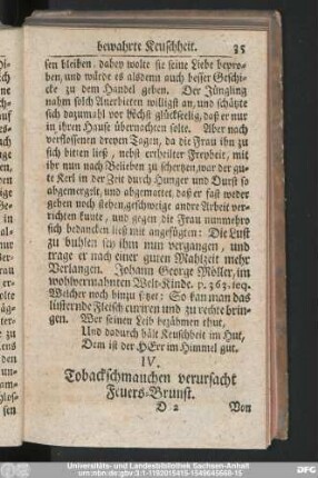 IV. Tobackschmauchen verursacht Feuers-Brunst.