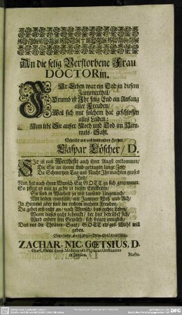 An die selige Verstorbene Frau Doctorin