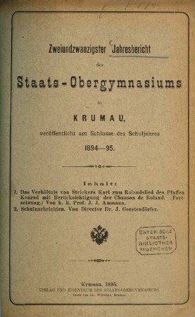Jahresbericht des K.K. Staats-Obergymnasiums in Krumau : veröffentlicht am Schlusse des Schuljahres .... 1894/95