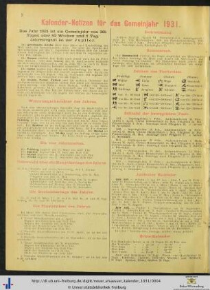 Kalender-Notizen für das Gemeinjahr 1931.