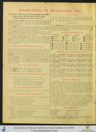 Kalender-Notizen für das Gemeinjahr 1931.
