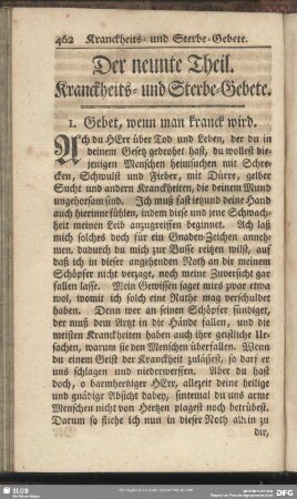 Der neunte Theil. Kranckheits- und Sterbe-Gebete