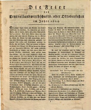 Feyer des Central-Landwirthschafts- oder Oktoberfestes im Jahre .... 1824