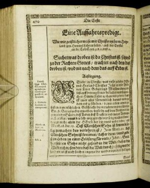 Die Erste Auffahrtspredigt. Wie wir geistlicher weise mit Christo unserm Heyland gen Himmel fahren sollen [...]