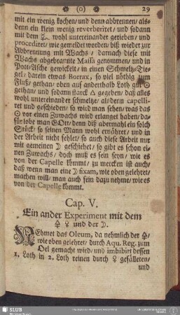 Cap. V. Ein ander Experiment mit dem Schwefel, Kupfer und der Silber