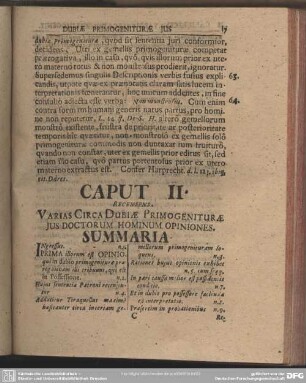 Caput II. Recensens. Varias Circa Dubiae Primogeniturae Jus Doctorum Hominum Opiniones Summaria