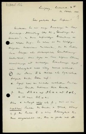 Nr. 1: Brief von Felix Hausdorff an David Hilbert, Leipzig, 12.10.1900
