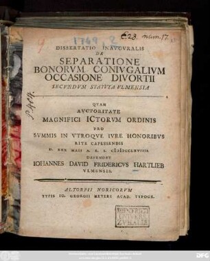 Dissertatio Inavgvralis De Separatione Bonorvm Conivgalivm Occasione Divortii Secvndvm Statvta Vlmensia