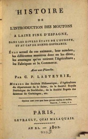 Histoire de l'introduction des moutons à laine fine d'Espagne dans ... l'Europe et au cap de Bonne Espérance