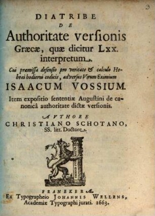 Diatribe de authoritate versionis graecae, quae dicitur LXX interpretum