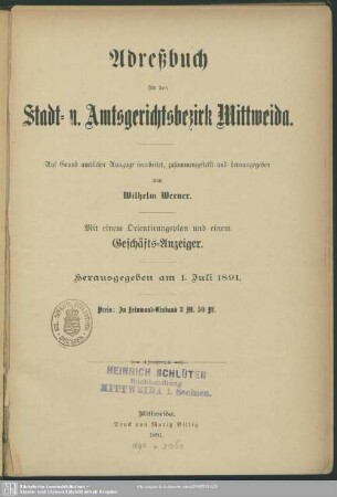 1891: Adreßbuch für den Stadt- und Amtsgerichtsbezirk Mittweida