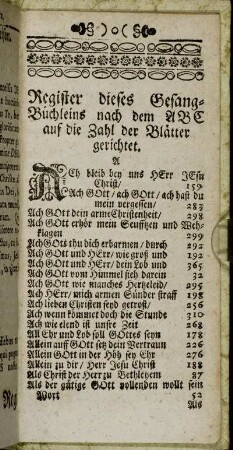 Register dieses Gesang-Büchleins nach dem ABC auf die Zahl der Blätter gerichtet.