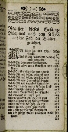 Register dieses Gesang-Büchleins nach dem ABC auf die Zahl der Blätter gerichtet.