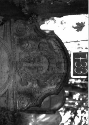 Grabstein 733 (Index: 100104783) Material: Sandstein Zustand: unten stark verwittert Maße HxBxT: 136x94x14 cm Beschreibung: Stele mit Rundbogenabschluss, unten in Voluten auslaufend, im Bogenfeld von Akanthus und Voluten eingerahmtes Medaillon, erhabenes Schriftfeld, seiliche Rahmen säulenähnlich mit mehreren kapitellartigen Abschlüssen gearbeitet, darauf Akathus- undVolutenornamente Symbolik: Medaillon, Akanthus, Voluten Besonderheit: kulturhistorisch wertvoll / hist.-wiss. Gründe (Vorsteher, Kazin): Grabstein 733 (Detailaufnahme 1)