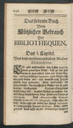 Das siebende Buch Vom Nützlichen Gebrauch Der Bibliothequen.