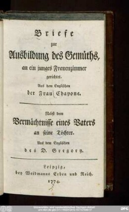 Briefe zur Ausbildung des Gemüths, an ein junges Frauenzimmer gerichtet