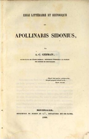 Essai littéraire et historique sur Apollinaris Sidonius