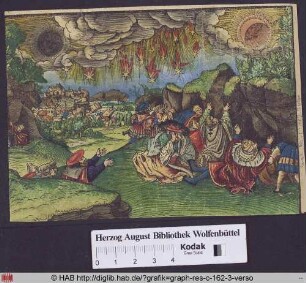 Verfärbung von Sonne und Mond, Herabfallen der Sterne, Erdbeben, die Menschen suchen Schutz in den Klüften (Apk. 6,12-17).