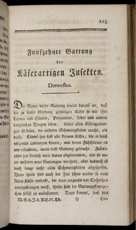 Funfzehnte Gattung der Käferartigen Insekten. Dermestes.