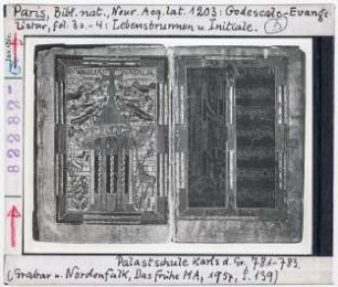 Paris, Bibliothèque Nationale: Nouv. Acq. lat. 1203 (Godescalc-Evangelistar), fol. 3v und 4r, Lebensbrunnen und Initiale