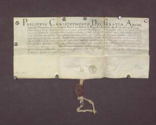 Lehenrevers des Abts Christoph im Kloster Schwarzach gegen den Erzbischof Philipp Christoph zu Trier, Bischof zu Speyer, wegen erhaltener Belehnung über das von dem Stift Speyer zu Lehen rührende Kloster Schwarzach