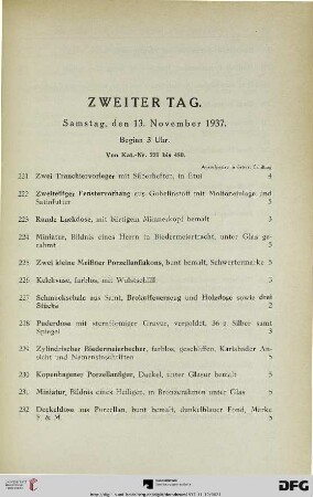 Zweiter Tag: Samstag, den 13. November 1937, Beginn um 3 Uhr (Nr. 221-450)