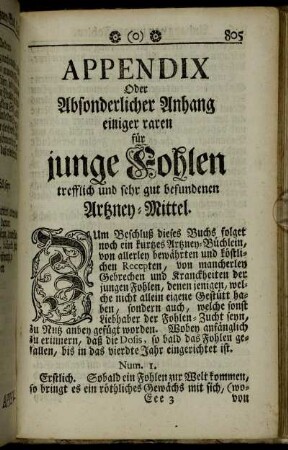 Appendix Oder Absonderlicher Anhang einiger raren für junge Fohlen trefflich und sehr gut befundenen Artzney-Mittel.