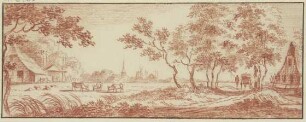 Wiese vor einem Dorf, rechts zwischen Bäumen ein Wagen