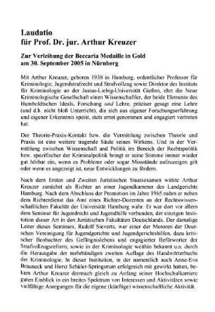 673-678, Laudatio für Professor Dr. jur. Arthur Kreuzer