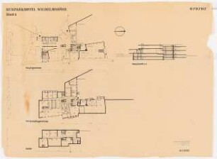 Kurparkhotel Wilhelmshöhe, Kassel: Grundriss Keller, Wirtschaftsgeschoss, Hauptgeschoss 1:200; Teilschnitt 1:200