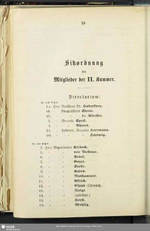 Sitzordnung der Mitglieder der II. Kammer