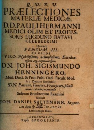 Praelectiones materiae medicae D. D. Paul. Hermanni .... Pensum III.