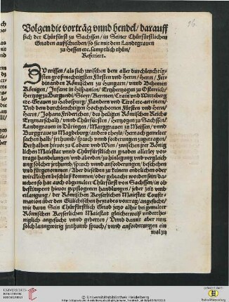 Folgen die Vortraeg unnd hendel/ darauff sich der Chuerfuerst zu Sachssen […]