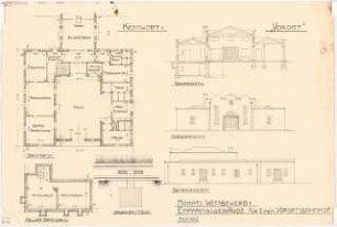 Empfangsgebäude an einer Vorortbahn Monatskonkurrenz Mai 1929: Lageplan 1:500; Grundriss Keller, Erdgeschoss, Aufriss Vorderansicht, Seitenansicht, Querschnitt; Maßangaben