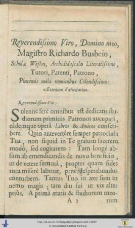 Reverendissimo Viro, Domino meo, Magistro Richardo Busbeio, ...