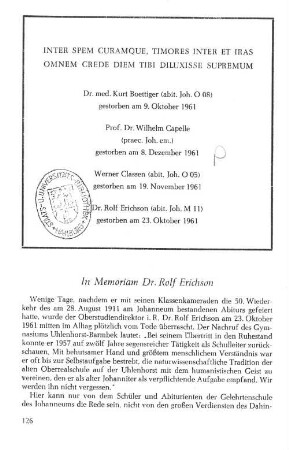 In Memoriam Dr. Rolf Erichson