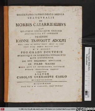 Dissertatio Pathologico Medica Inavgvralis De Morbis Catarrhalibvs