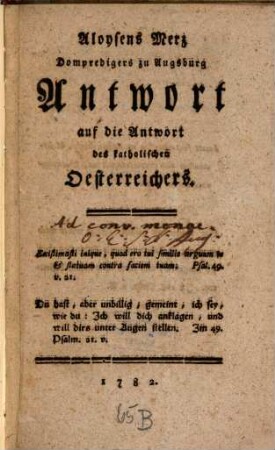 Antwort auf die Antwort des kath. Oesterreichers