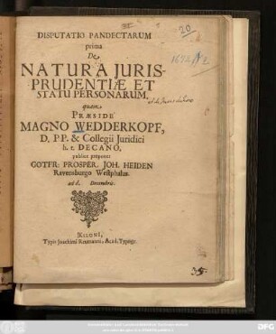 Disputatio Pandectarum ... De Natura Iurisprudentiae Et Statu Personarum