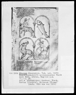Michael Scotus - Astrologie. Sammelhandschrift astronomischer Texte nach Beda Venerabilis Aratus, Hyginus, Isidor von Sevilla — Vier Sternbilder - Kentaur, Fisch, Pistrix, Eridanus, Folio 4recto