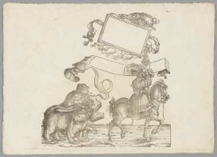 Berittener Jäger, Diepolt von Slandersberg, mit einer Tafel, gefolgt von fünf Bären, Blatt 13 aus: Marx Treitzsaurwein, "Kaiser Maximilian I Triumph – le triomphe de l’Empereur Maximilien I en une suite de Cent trent cinq planches gravées en bois d’après les dessins de Hans Burgmair", Wien 1796