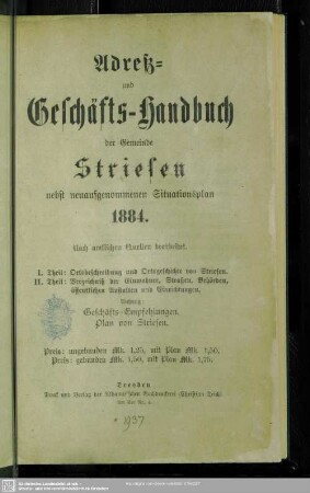 1884: Adreß- und Geschäfts-Handbuch der Gemeinde Striesen : nebst neuaufgenommenen Situationsplan